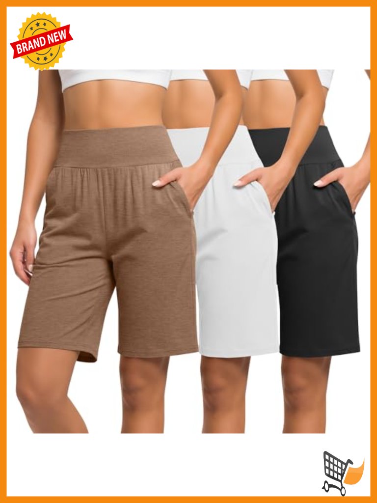 3 Pack High Waist Bermuda Shorts With Pockets Stretch Casual Athletic
